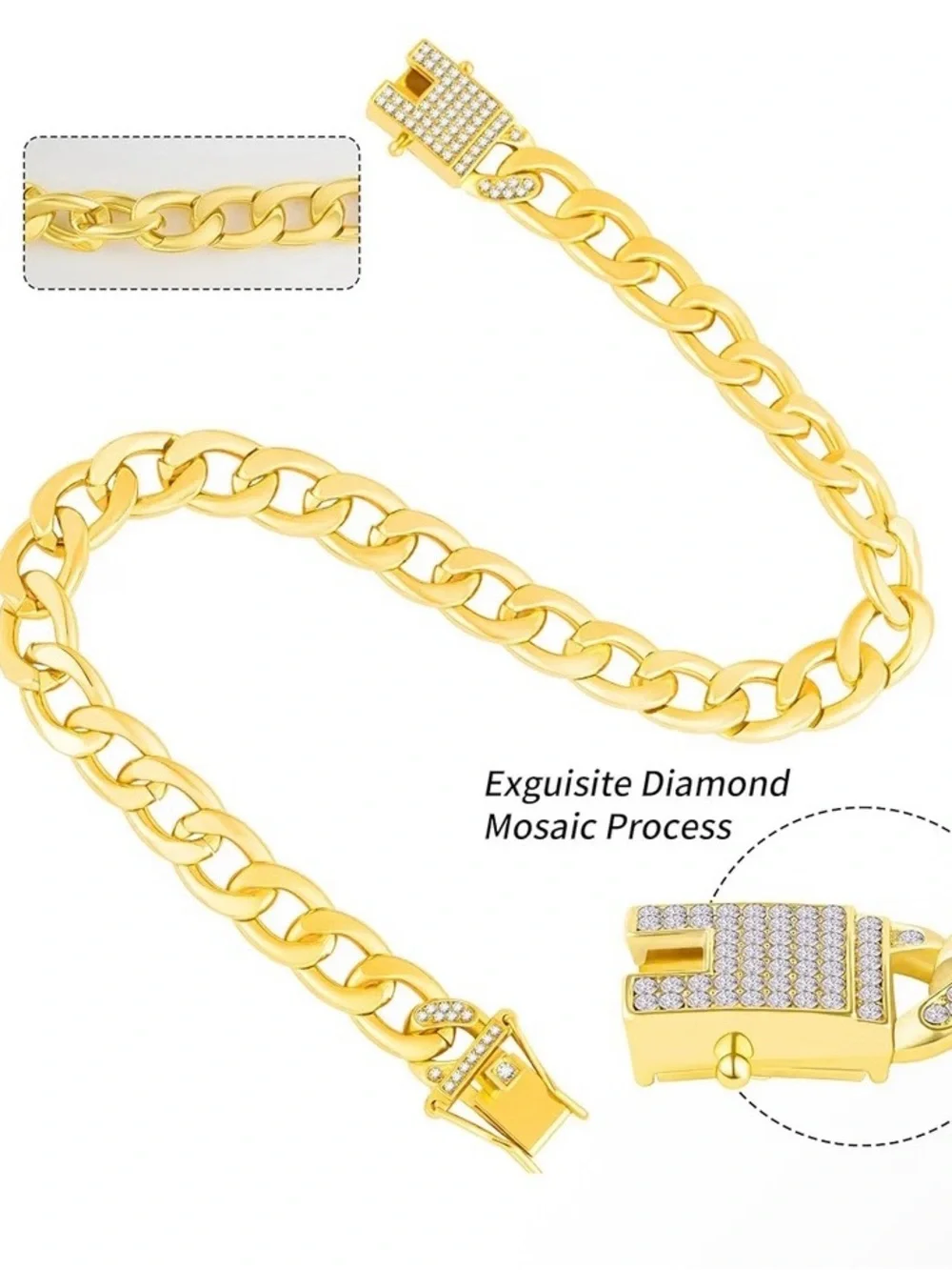 Cuban Gold Link Heavy Duty Dog Necklace - 8in, Bone-Shaped Polished